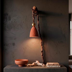 Terracotta Pendant Light Plug In Macrame Cord Sconce Walnut Wood Wall Hanging Lamp