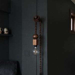 Peut inclure: Un luminaire suspendu d&eacute;coratif avec un design de sph&egrave;re et de cube en bois, suspendu par une corde marron. L'ampoule est visible en dessous des composants en bois. Le luminaire est mont&eacute; sur un mur sombre, cr&eacute;ant une esth&eacute;tique minimaliste.