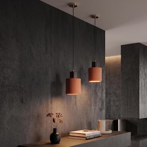 Terracotta Pendant Light, Handmade Clay Hanging Lamp, Walnut Wood Ceiling Light