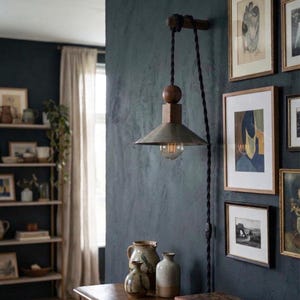 Könnte beinhalten: Eine Wandleuchte mit Metallschirm und Holzakzent. Das Licht hängt an einem schwarzen Kabel und ist an einem Holzbalken befestigt. Die Leuchte ist an einer dunkelblauen Wand montiert, mit gerahmten Kunstwerken und Regalen im Hintergrund.