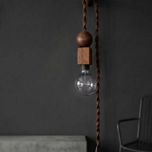 Peut inclure: Un luminaire suspendu moderne avec un design sph&eacute;rique et cubique en bois. La lampe a une ampoule ronde et transparente et un cordon torsad&eacute; marron. Le luminaire est suspendu contre un mur gris fonc&eacute;.
