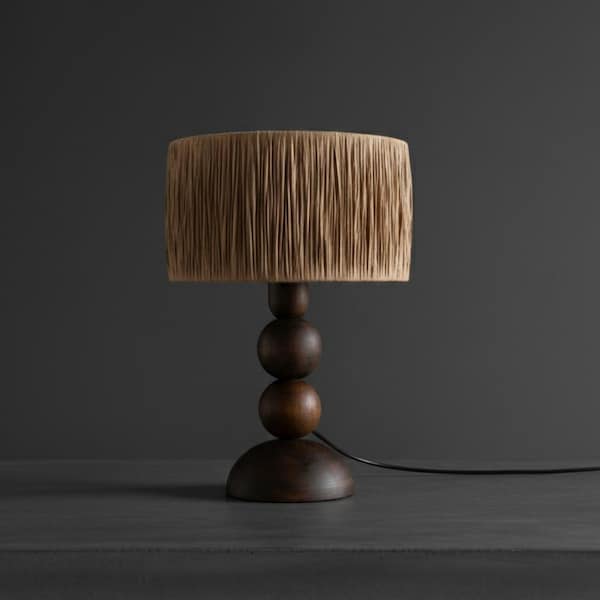 Table Lamp with Natural Raffia Shade, Mid Century Modern Dark Wood Nightstand Light