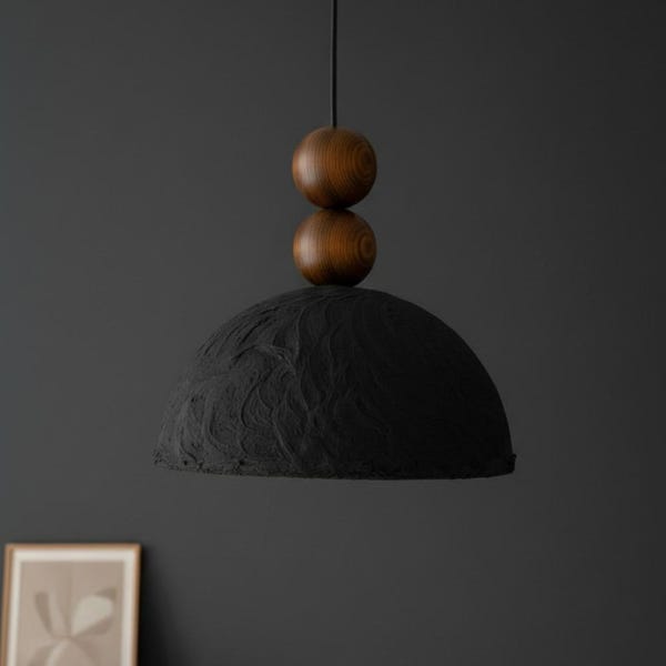 Wabi Sabi Black Clay Pendant Light, Handcrafted Walnut Wood Hanging Lamp