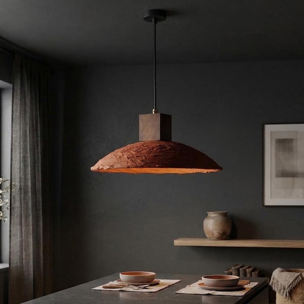 Handmade Terracotta Pendant Light Wabi Sabi Clay Ceramic Hanging Lamp Rustic Wood Chandelier