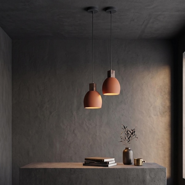 Terracotta Pendant Light with Walnut Wood Socket, Earthy Ceramic Ceiling Lighting