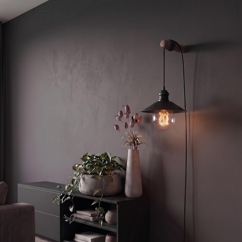 May include: A black metal pendant lamp with a vintage Edison bulb hangs from a wooden arm attached to a dark gray wall. The lamp is positioned above a dark gray cabinet with decorative plants and vases.