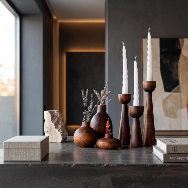 Wooden Candle Holder and Vase Set, Walnut Bud Vase for Dried Flowers