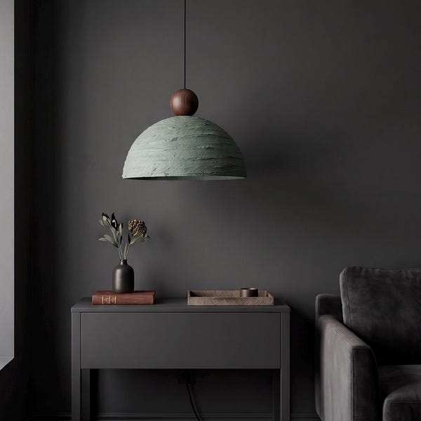 Sage Green Ceramic Pendant Light - Hand Textured Clay Dome Lamp with Walnut Wood Detail