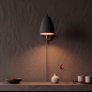 Peut inclure: Une applique murale gris foncé avec un abat-jour en forme de dôme et une lumière dirigée vers le bas. Le luminaire présente un cordon vertical fin partant de la base, projetant une lueur chaude sur la surface murale sous la lampe.