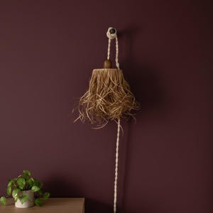 Könnte beinhalten: Eine Pendelleuchte mit einem gewebten, natürlichen Faserschirm und einem langen, cremefarbenen Seil. Die Leuchte hängt an einer dunklen Wand. Eine kleine Topfpflanze steht auf einer Holzoberfläche unter der Leuchte.