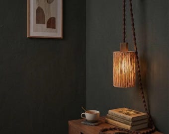 Handmade Raffia Wall Sconce, Boho Macrame Plug-in Lamp, Wood Bracket