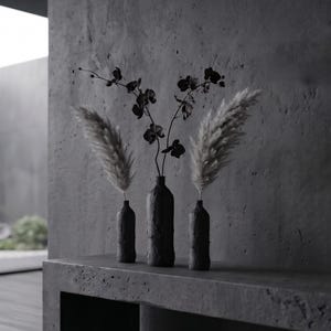 Handmade Matte Black Ceramic Vase Set Wabi Sabi Textured Pottery Minimalist Home Decor