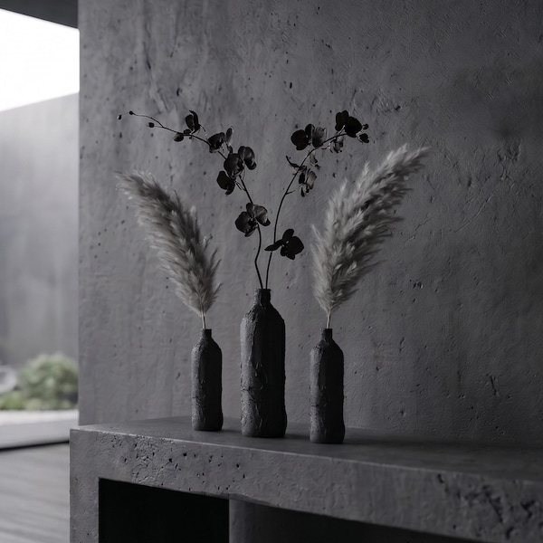 Handmade Matte Black Ceramic Vase Set Wabi Sabi Textured Pottery Minimalist Home Decor