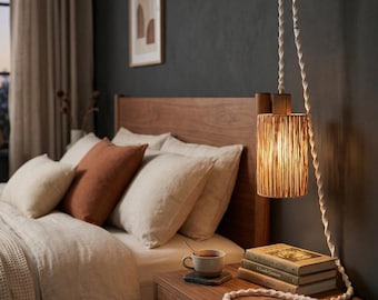 Handmade Raffia Wall Sconce, Boho Macrame Plug-in Lamp, Wood Bracket