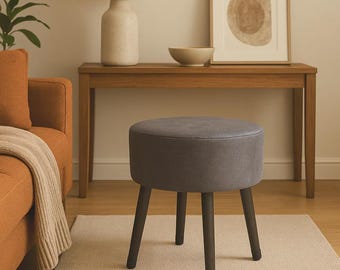 Anthracite Gray Pouf Stool – Wooden Legs