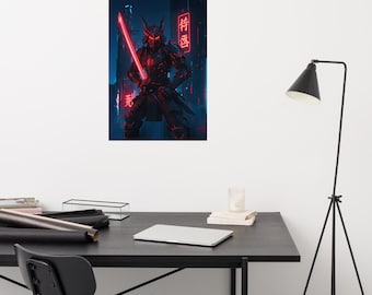 Cyber-Samurai-Neonposter | Futuristischer Krieger-Kunstdruck | Sci-Fi-Samurai-Wanddeko | Japanisches Cyberpunk-Katana-Kunstwerk | Gamer-Zimmerdeko