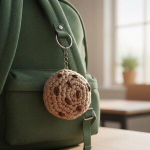 May include: A crocheted cookie keychain with brown chocolate chips hangs from a silver chain attached to a green backpack. The cookie is tan and round, with a textured surface.