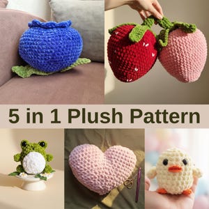 Paquete de almohadas de peluche 5 en 1 (PDF): patrones de crochet de corazón, fresa, arándano, pollito y rana