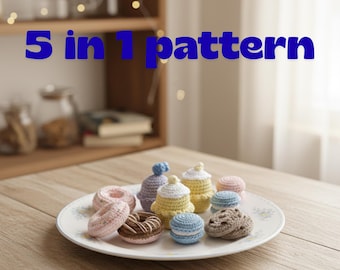 Crochet Bakery Picnic Bundle Pattern. Donut, Cookie, Mini Cupcake, Candy, Macaron Amigurumi
