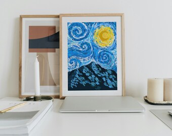 Van Gogh Inspired Mountain Art Print / Poster A3