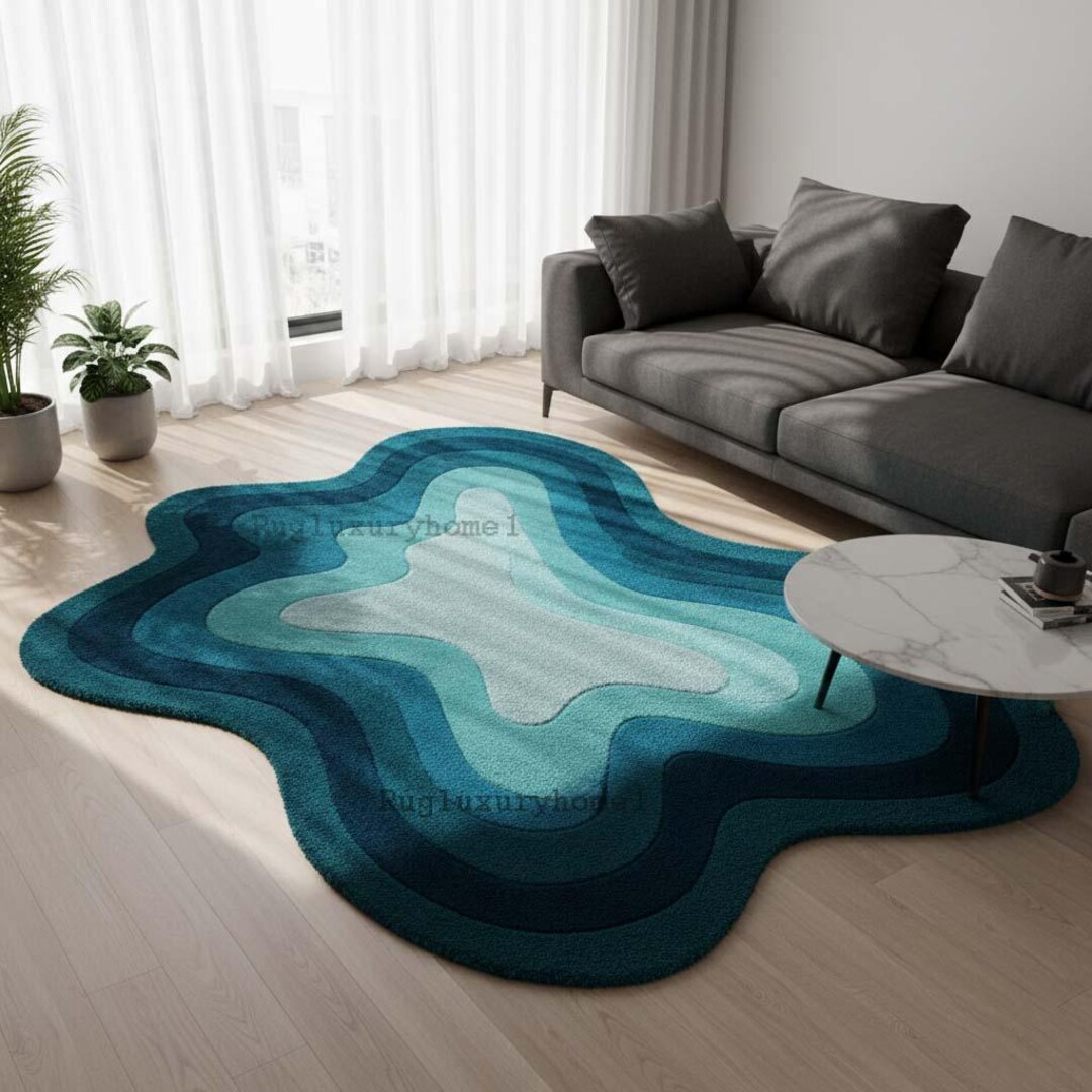 Wavy Blue Abstract Rug, Modern Fluid Shape Carpet 5x8 6x9 Ocean ...