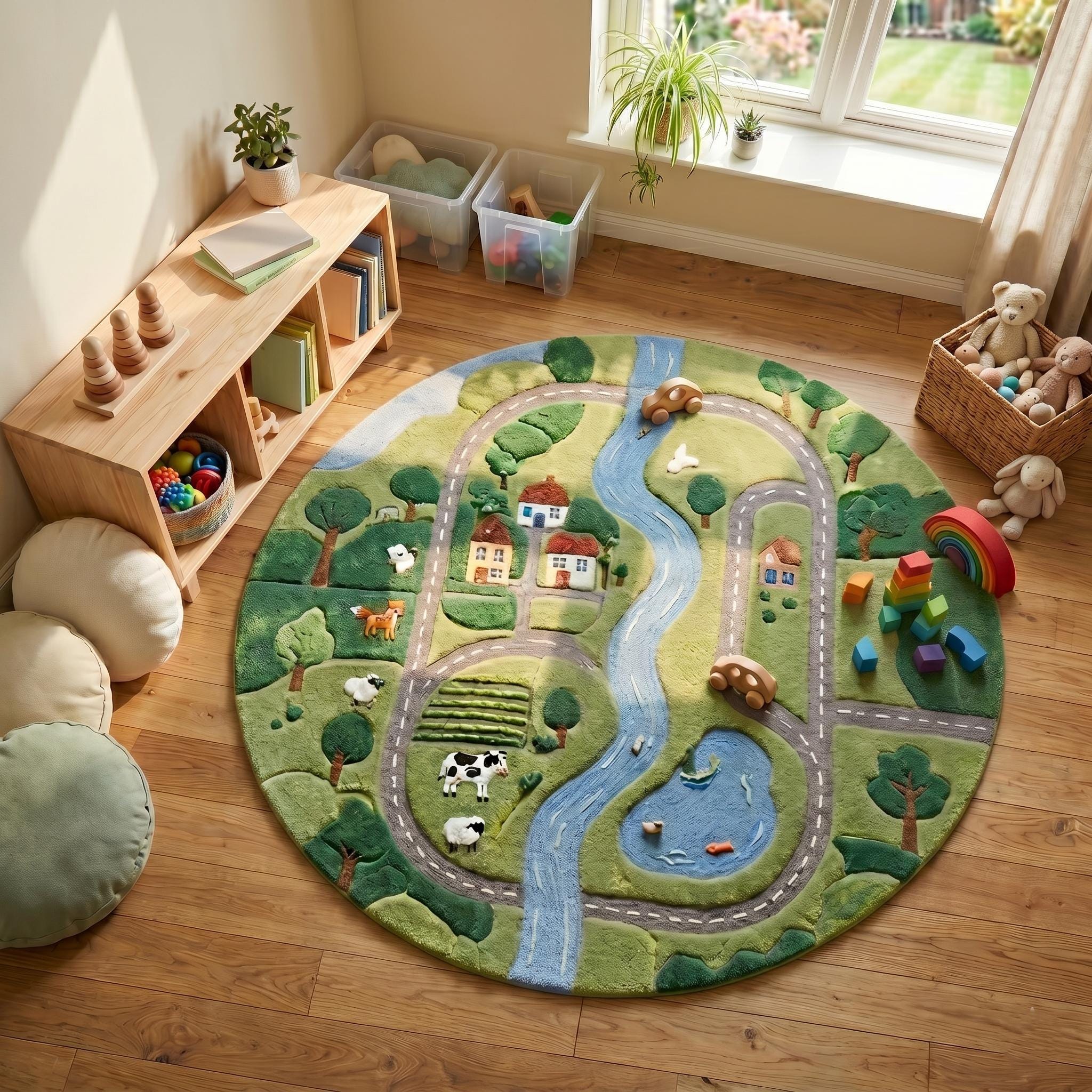 Kids Play Rug, 3D Farm Road Rug, Nursery Area Rug, Montessori Playroom ...