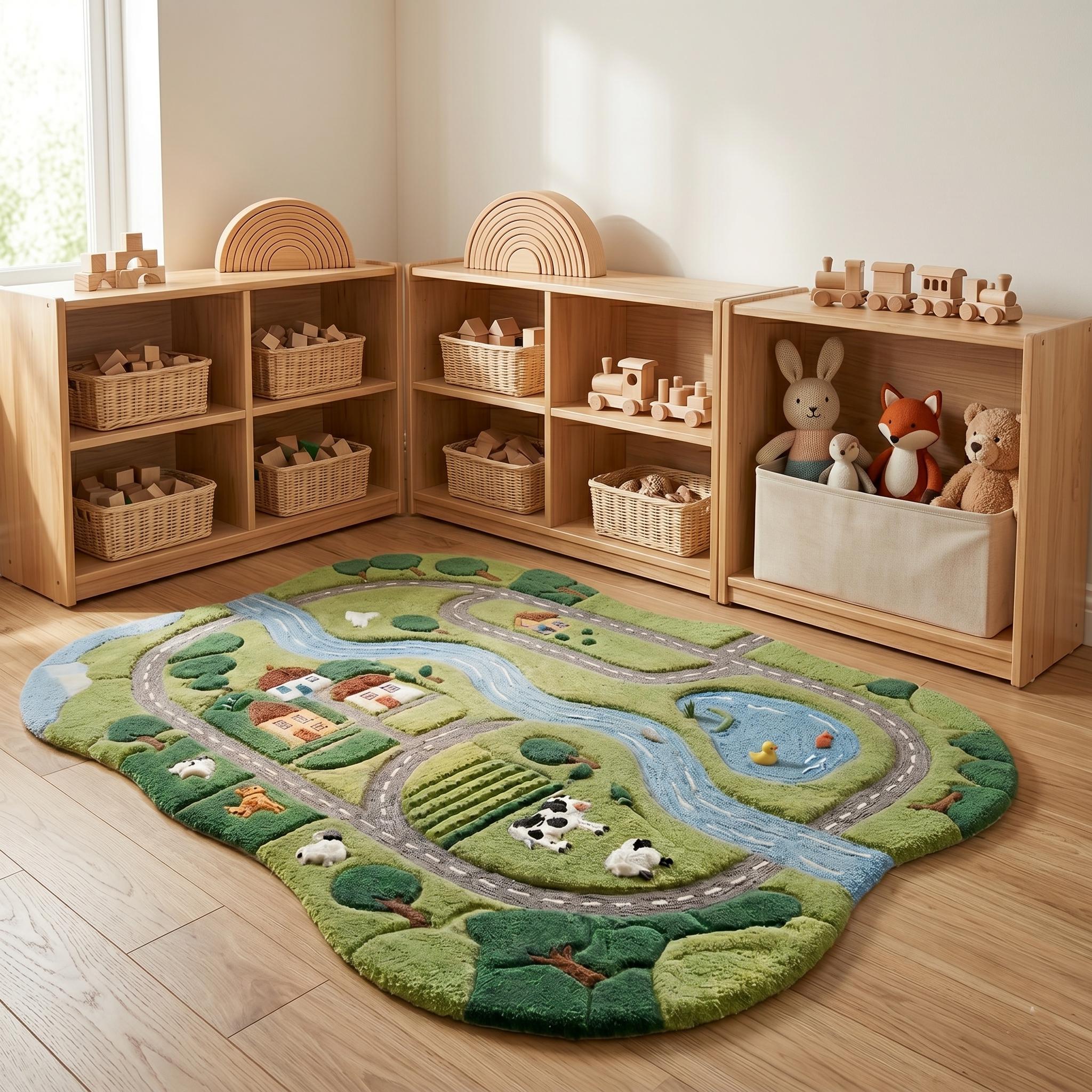 Kids Play Rug, 3D Farm Road Rug, Nursery Area Rug, Montessori Playroom ...