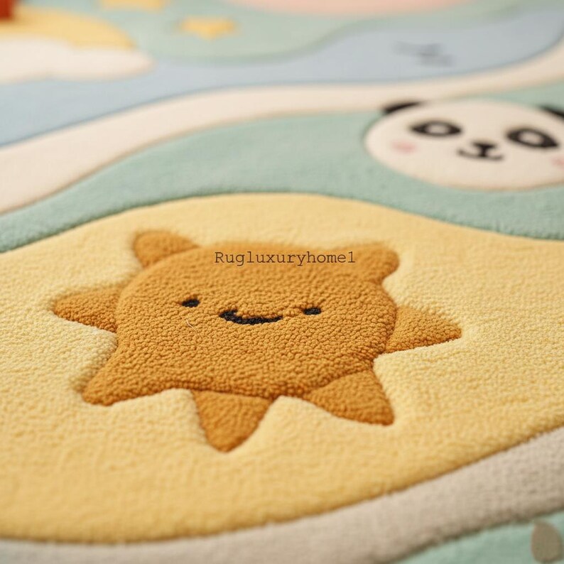 Handmade Wool Nursery Rug – Pastel Panda Fox Cloud Kids Carpet, Cute ...