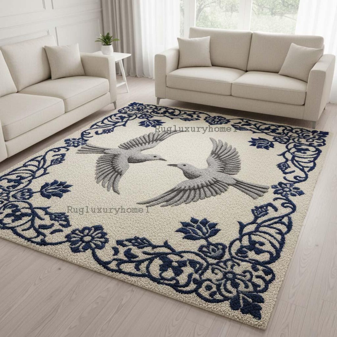 Whimsical Dove & Floral Hand-tufted Rug, Navy Blue Bird Area Carpet for ...