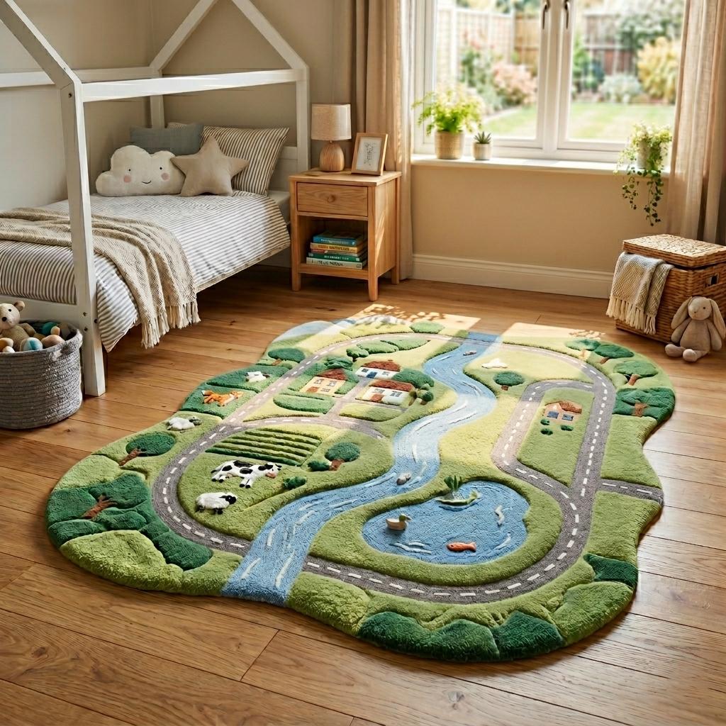 Kids Play Rug, 3D Farm Road Rug, Nursery Area Rug, Montessori Playroom ...
