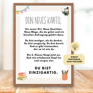 May include: A framed print featuring the German text 'DEIN NEUES KAPITEL' with an owl illustration, a stack of books, and a pencil holder. The text includes motivational phrases about starting the 5th grade and being unique, with a light bulb icon.