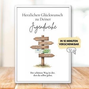 Money gift for youth initiation ceremony for a boy, signpost motif, printable PDF template in three formats A3-A5