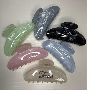 May include: Six marbled hair claw clips in shades of green, pink, baby blue, dark blue, black, and white. Each clip is labelled with its colour. The white clip has the name "Fran" printed on it.