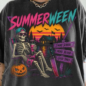 Summerween PNG, Retro Skeleton Summer Camp Shirt Design, Vintage Horror Vacation Sublimation Digital Download