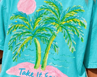 Take It Easy PNG, Retro Palm Tree Beach Shirt Design, Pink Sun Tropical Summer Graphic, Coastal Vacation Sublimation Download