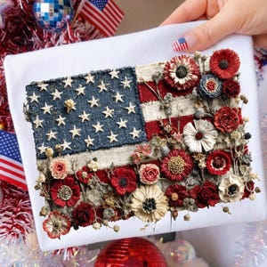 Floral American Flag PNG, Rustic Patriotic Patchwork Sublimation Design, Vintage 4th of July Shirt Graphic Download