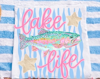 Lake Life Fish PNG, Pink Summer Fishing Design, Coastal Starfish Art, Preppy Vacation Sublimation Download