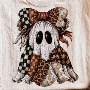 Patchwork Ghost PNG, Cute Boho Halloween Ghost Shirt Design, Coquette Spooky Sublimation Digital Download