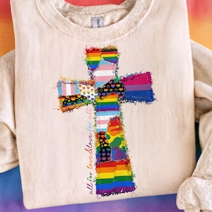 Pride Cross PNG, Patchwork Rainbow Cross Sublimation Design, Christian Pride Shirt Graphic, Faith Love Support PNG