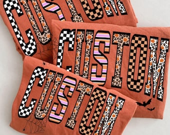 Custom Halloween PNG, Trendy Spooky Name Shirt Design, Pumpkin Leopard Checker Graphic, Fall Sublimation Download