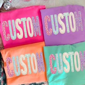 Custom Name Patchwork PNG, Pastel Applique Letter Sublimation Design, Floral Gingham Personalized Shirt Graphic