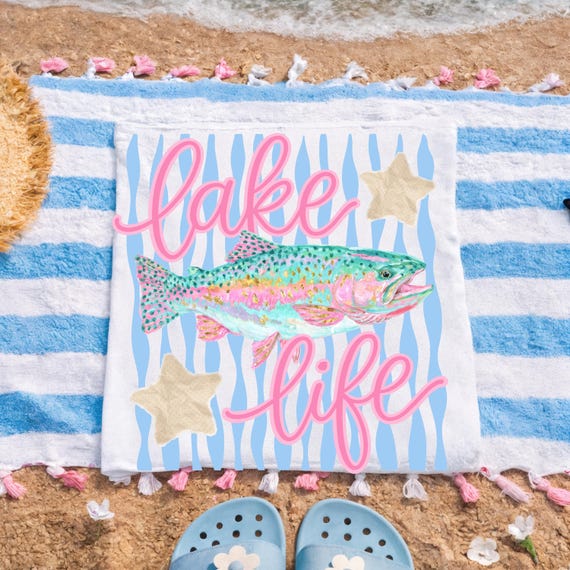 Lake Life Fish PNG, Pink Summer Fishing Design, Coastal Starfish Art, Preppy Vacation Sublimation Download