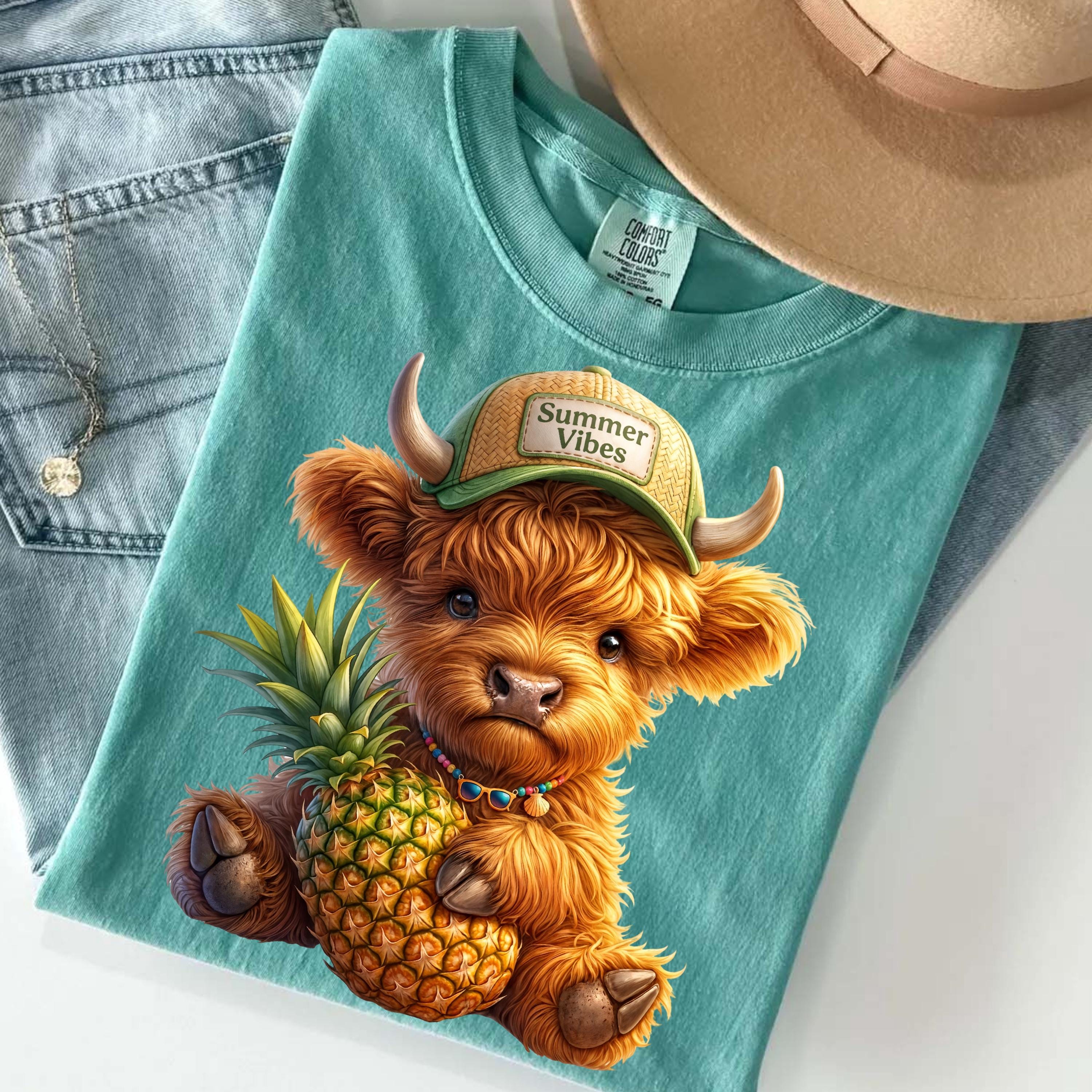 Summer Highland Cow PNG, Cute Pineapple Cow Sublimation Design ...