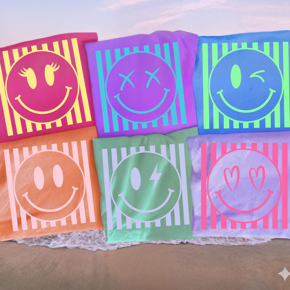 Retro Smiley Face PNG Bundle, Neon Stripe Happy Face Sublimation ...