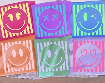 Retro Smiley Face PNG Bundle, Neon Stripe Happy Face Sublimation Designs, Y2K Aesthetic Emoji Shirt Graphic Download
