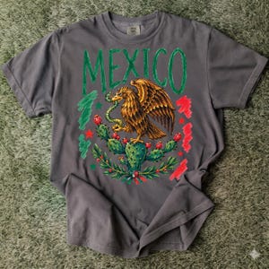 May include: A charcoal gray short-sleeve t-shirt featuring a graphic print of a golden eagle perched on a cactus while holding a snake. The word MEXICO is printed in large green letters above the eagle, flanked by red and green brushstroke accents.