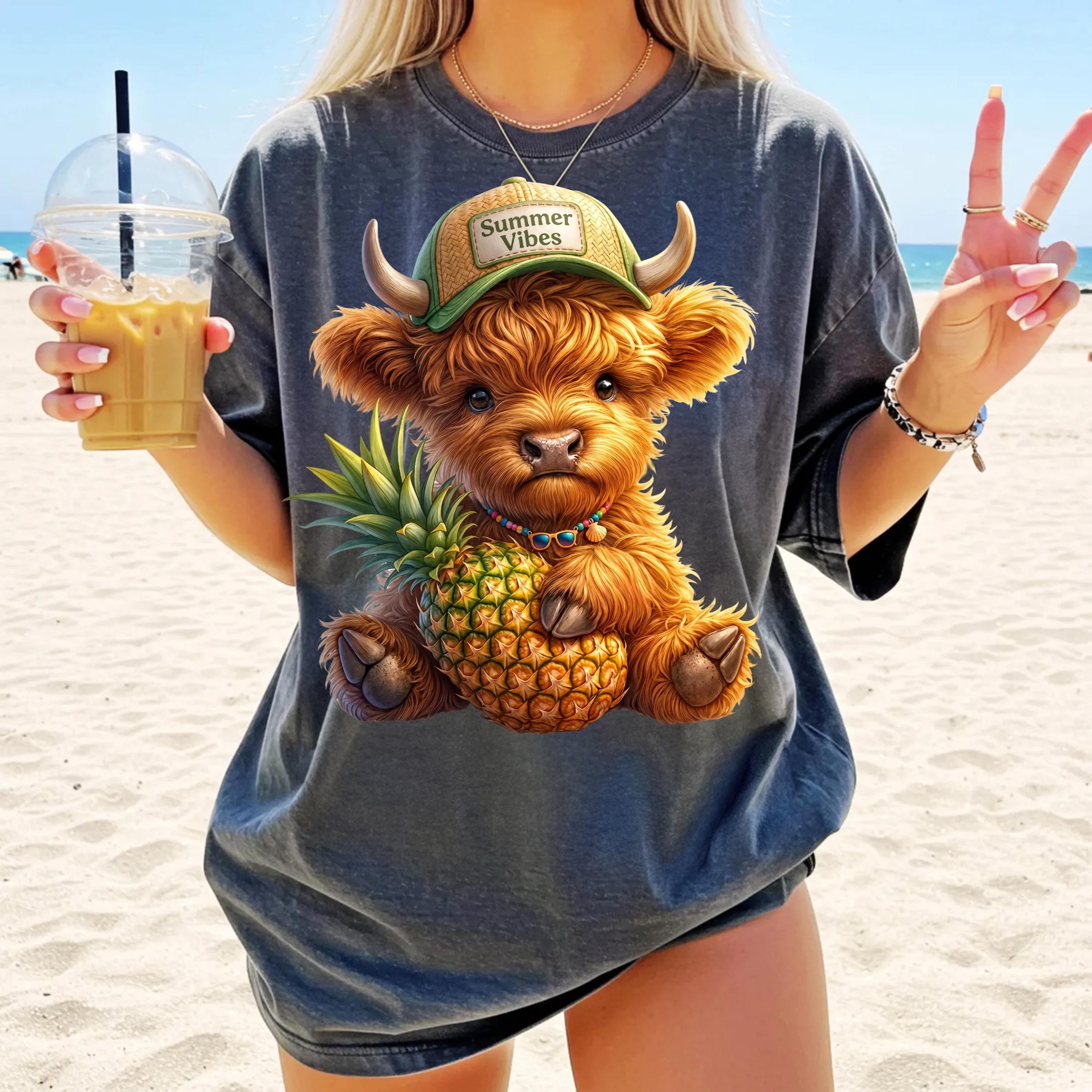 Summer Highland Cow PNG, Cute Pineapple Cow Sublimation Design ...