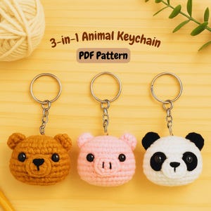 Patroonbundel gehaakte dierensleutelhanger | Mini-amigurumibeer, panda en varken tashanger pdf