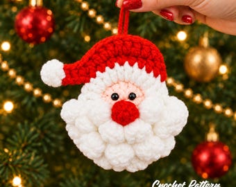 Crochet Santa Claus Pattern PDF, Christmas Face Ornament, Holiday Keychain, Bobble Beard Decoration, Beginner Amigurumi Gift