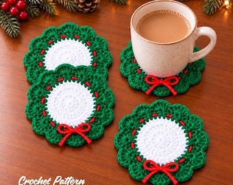 Crochet Christmas Wreath Coaster Pattern PDF, Beginner Holiday Table Decor, Instant Download